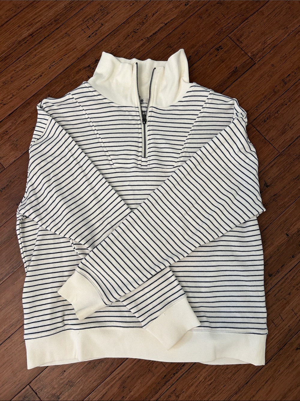 Three Dots White & Navy Striped Half-Zip Mock Neck Sweater